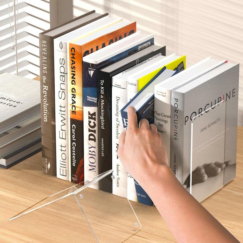 Dooiclear Acrylic Bookends 4 Pcs, Clear Book Ends for Shelves, Transparent Bookend Organizer, Book Holder Stand Decorative, Book Stoppers for Heavy Duty Books, CD, File, Video Games - Image 5